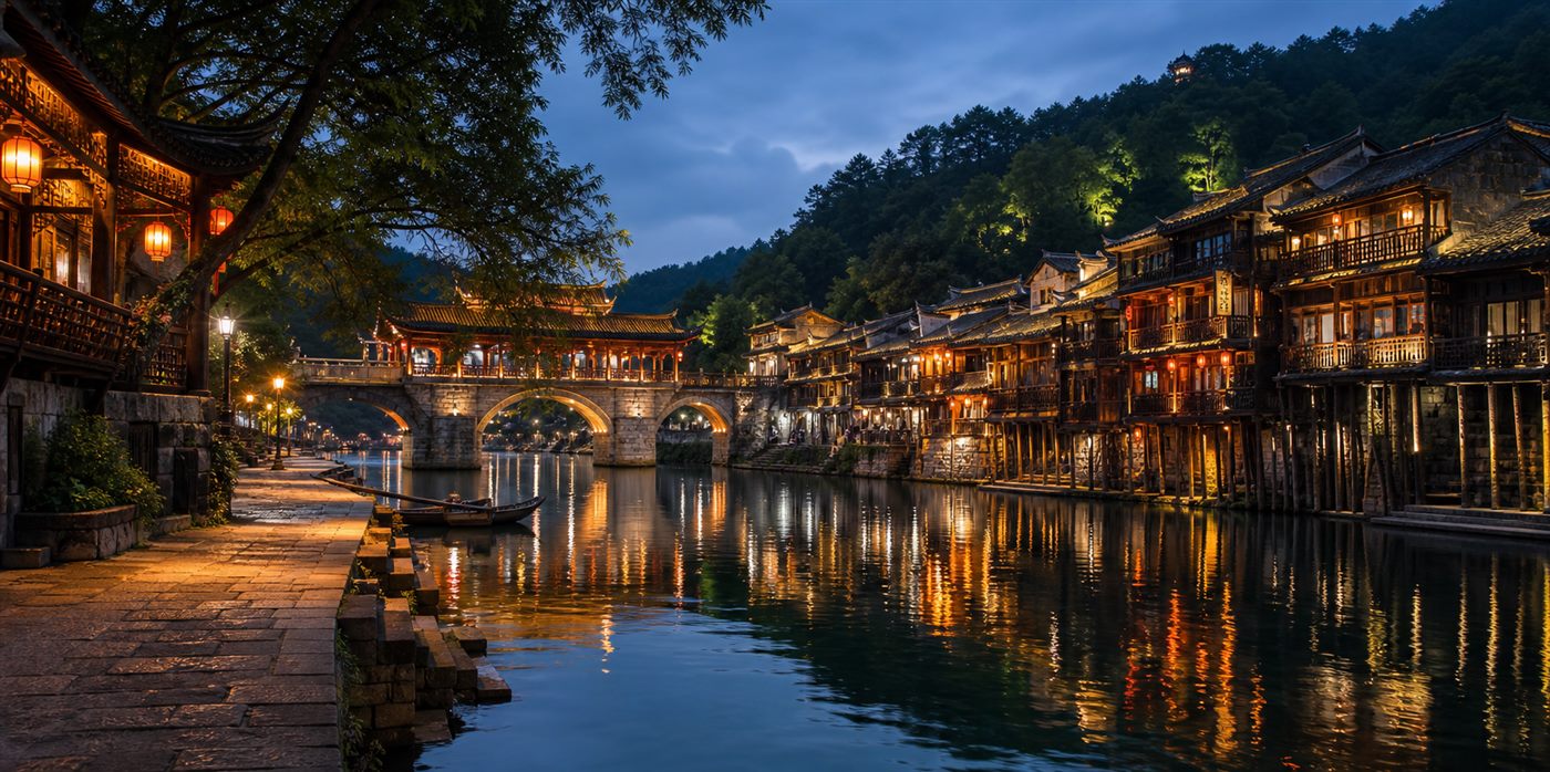 Fenghuang, staré domy a řeka Tuojiang večer