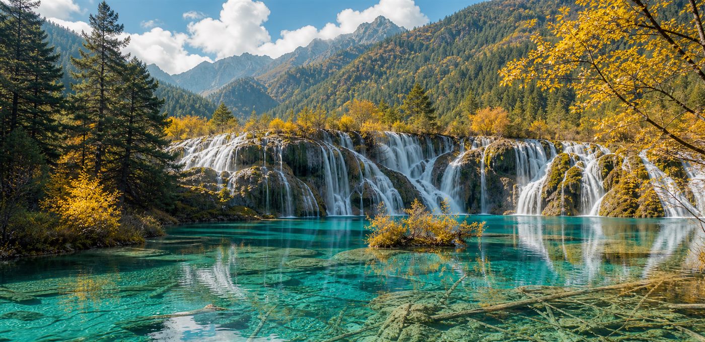 Tyrkysová jezera a vodopády v Jiuzhaigou